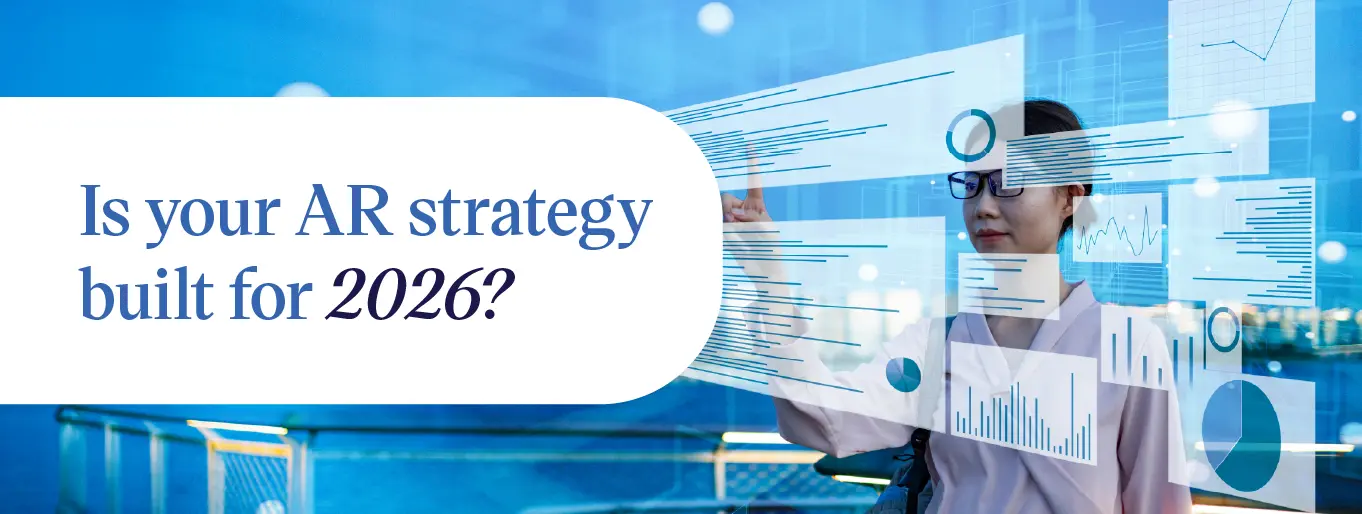 Businesswoman interacting with a digital dashboard showing 2026 AR strategy trends